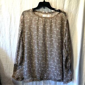 Gorgeous Kristine Ti 100% Silk overlay blouse taupe and pink subtype floral XL